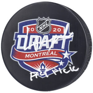 Lucas Raymond Detroit Red Wings Autographed 2020 NHL Draft Logo Hockey Puck with "#4 Pick" Inscription