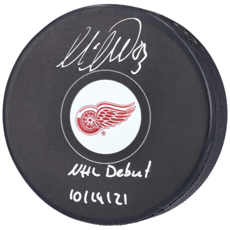 Moritz Seider Detroit Red Wings Autographed Hockey Puck with "NHL Debut 10/14/21" Inscription