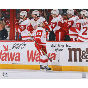 Alex DeBrincat Detroit Red Wings Autographed 16" x 20" Red Wings Debut Photograph with "Red Wings Debut 10/12/23" Inscription